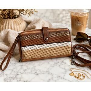The Sak Woven Leather Smartphone Crossbody Wallet Tobacco Brown Stripe Wristlet